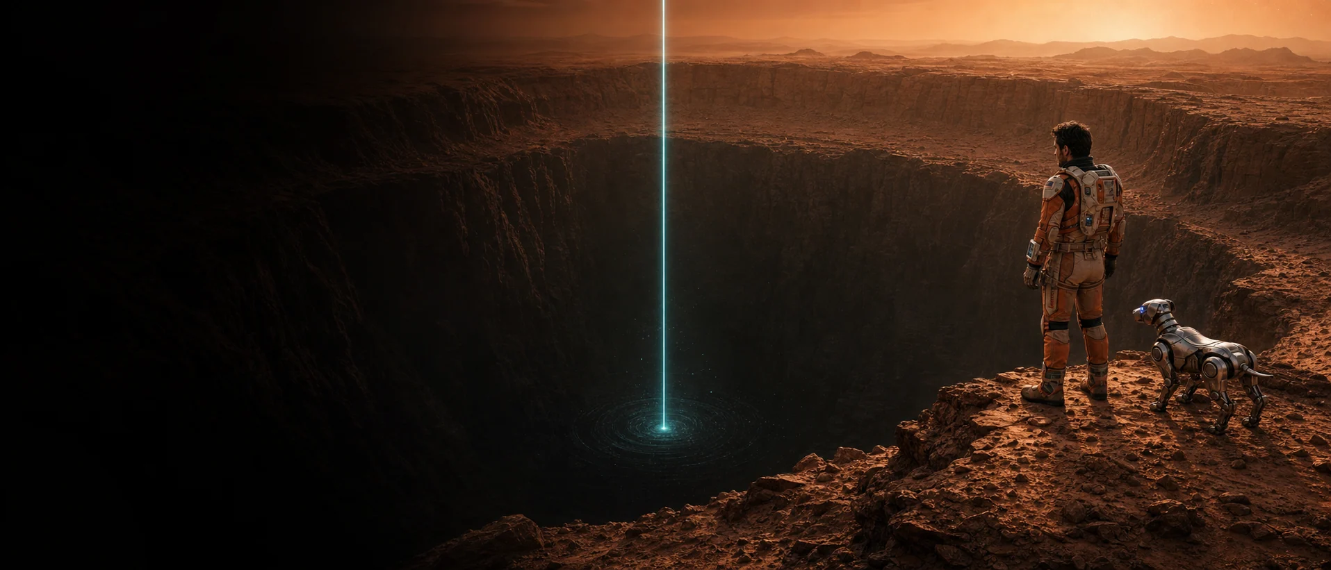 Matt and Pixel overlooking a colossal Martian rift crossed by a cyan signal