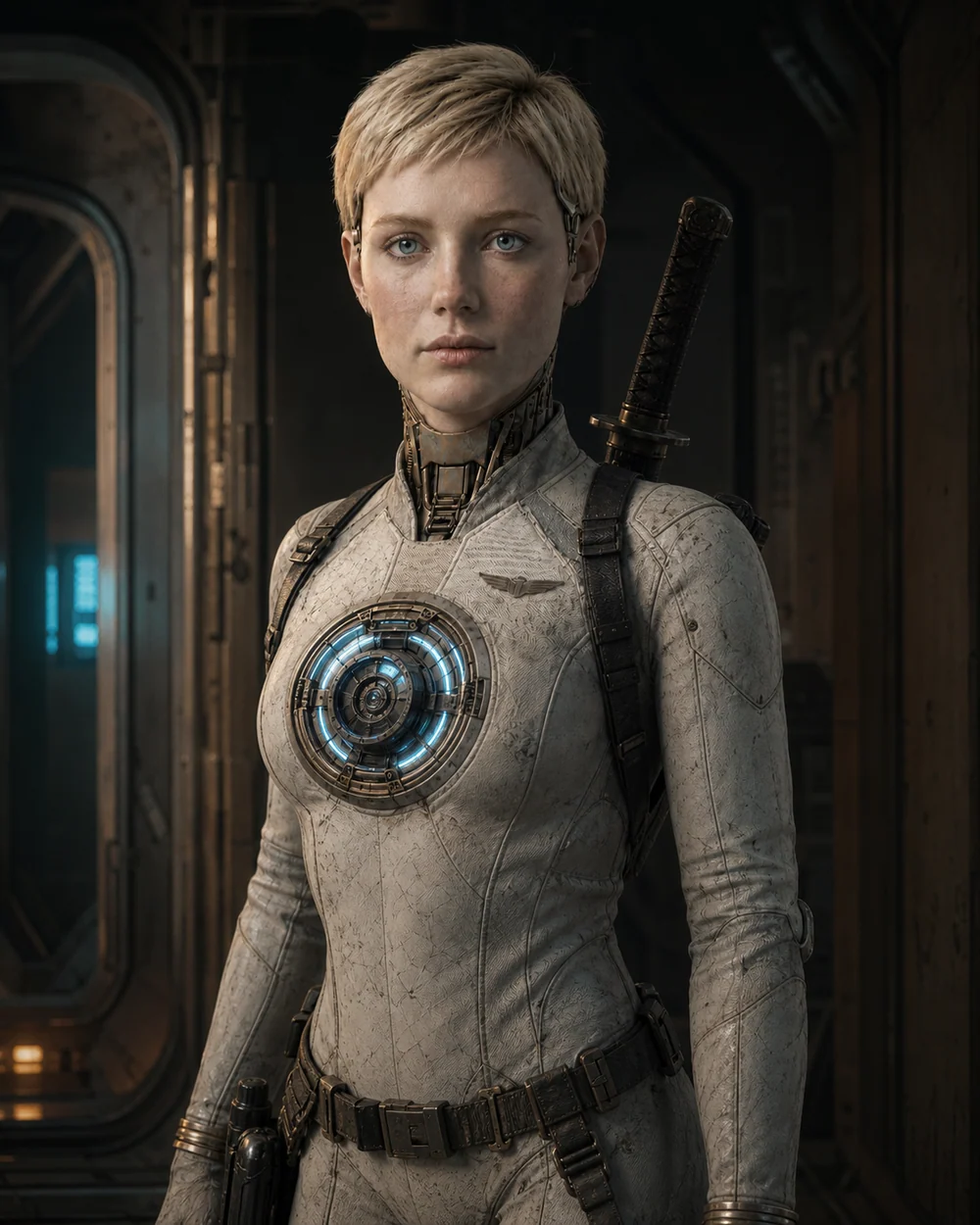 Hanna, a blond biosynthetic pilot in a worn pale field suit