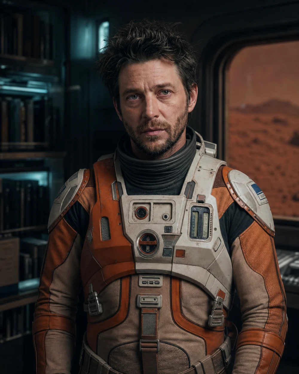 Matt Wally in a weathered orange-and-white field suit inside a Mars archive