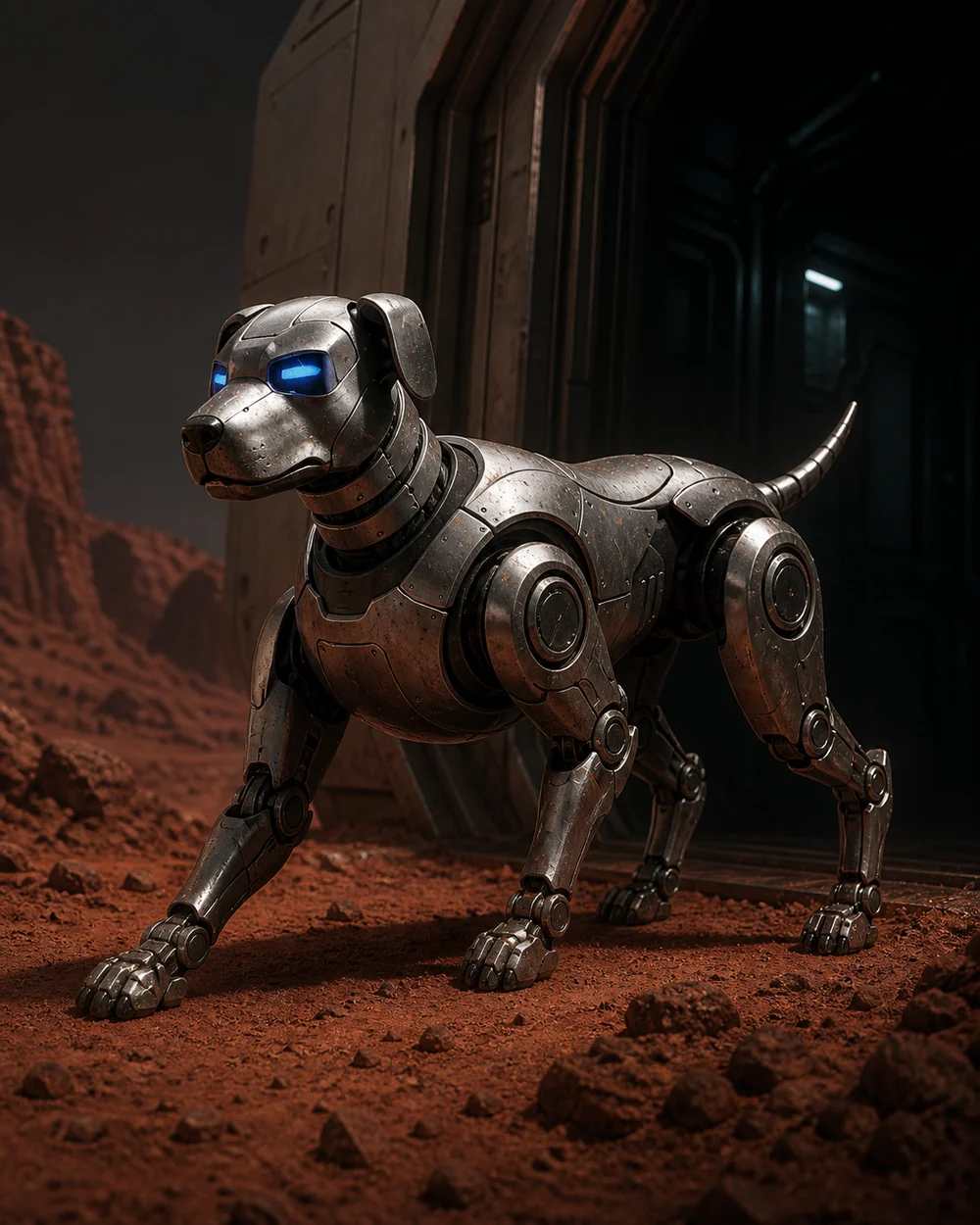 Pixel, a brushed-metal robotic border collie scanning red Martian dust