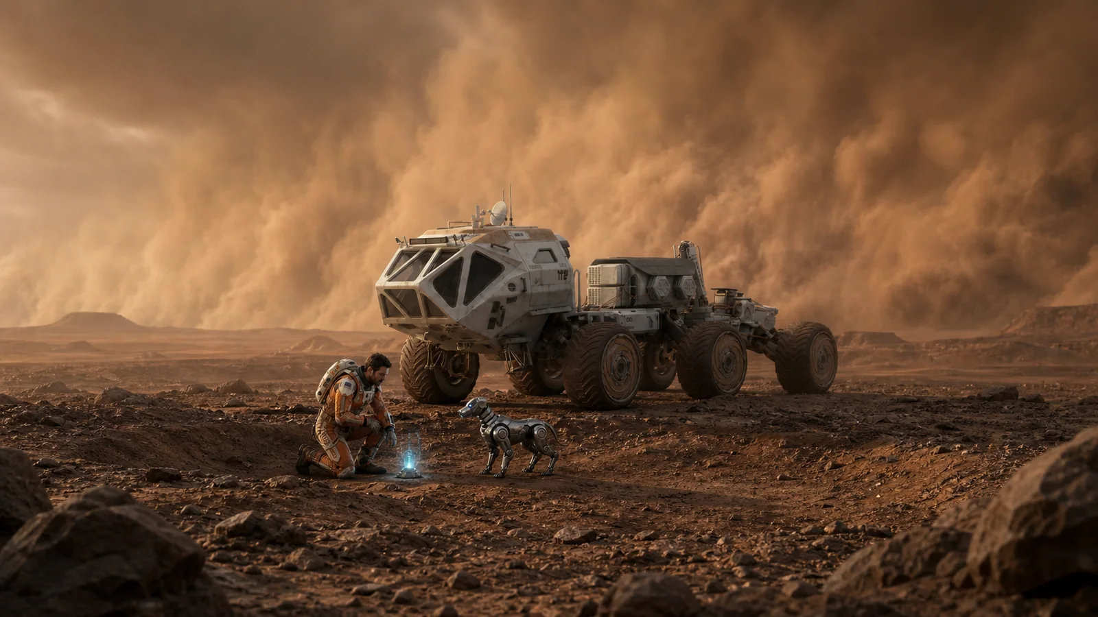 Matt and Pixel following a signal beside their rover on Mars