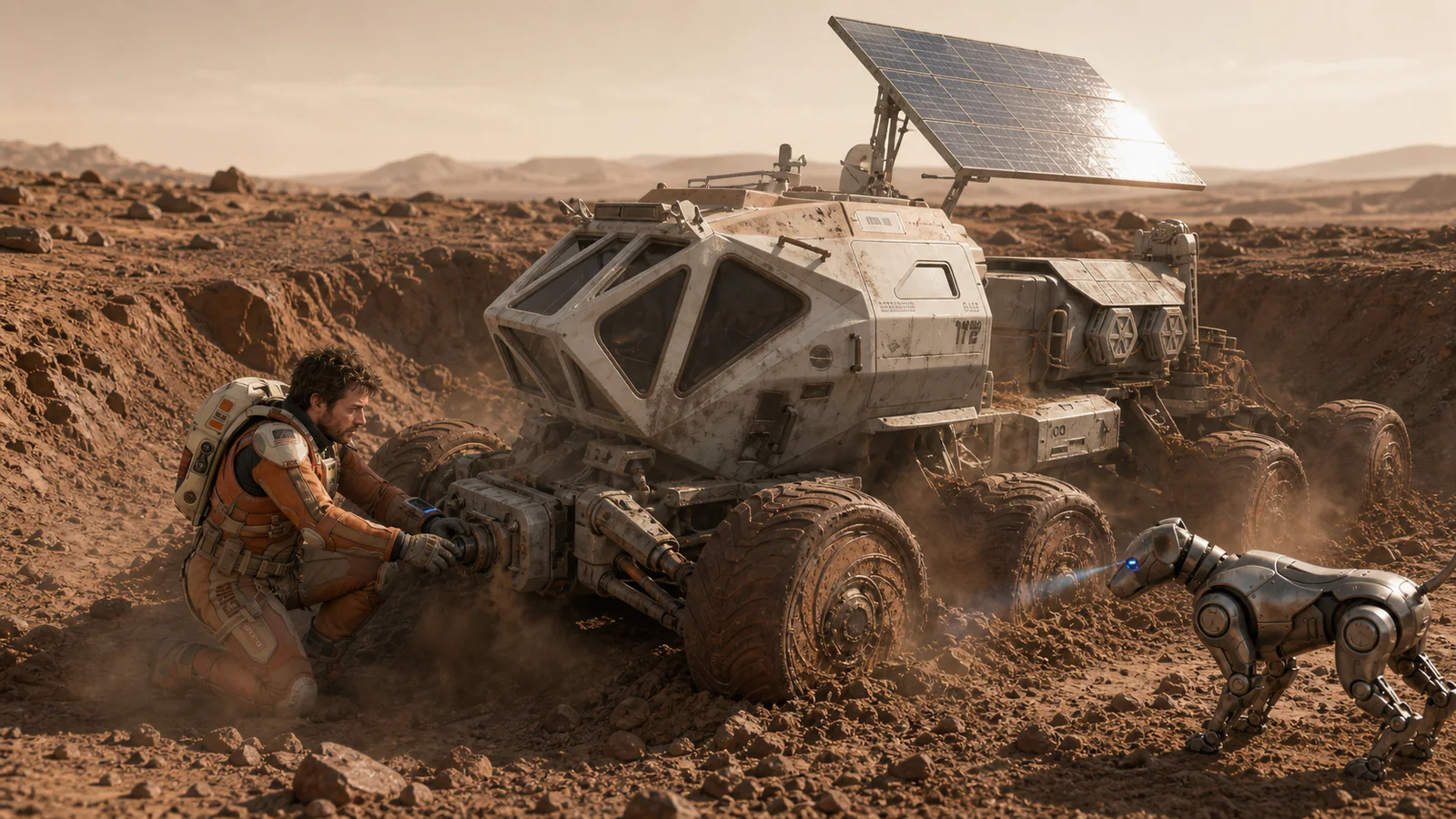 Matt and Pixel recovering an ancient cargo rover in Episode 02, The Wheels of Time