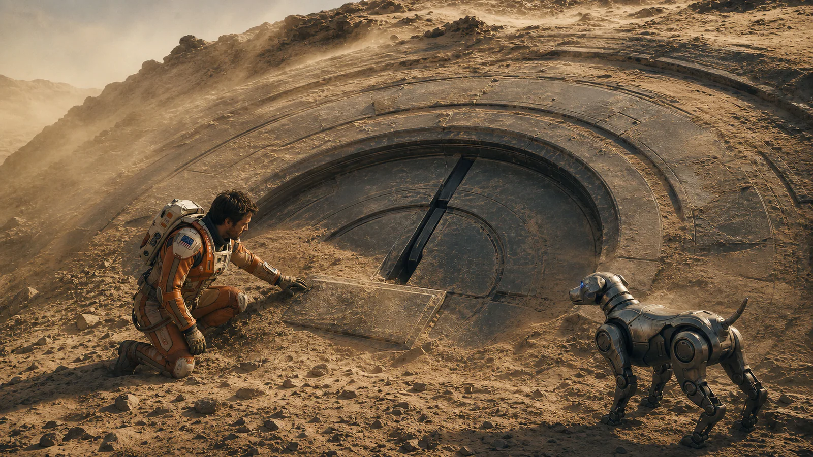 The buried entrance plaque of Meridiani-07 in Episode 03, The Plaque from the Past