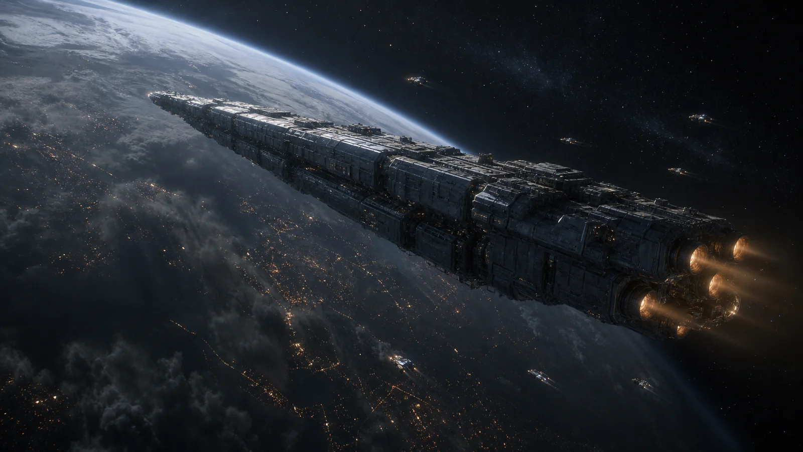 The arkship Aeterna leaving Earth in the prologue, We Leave Earth
