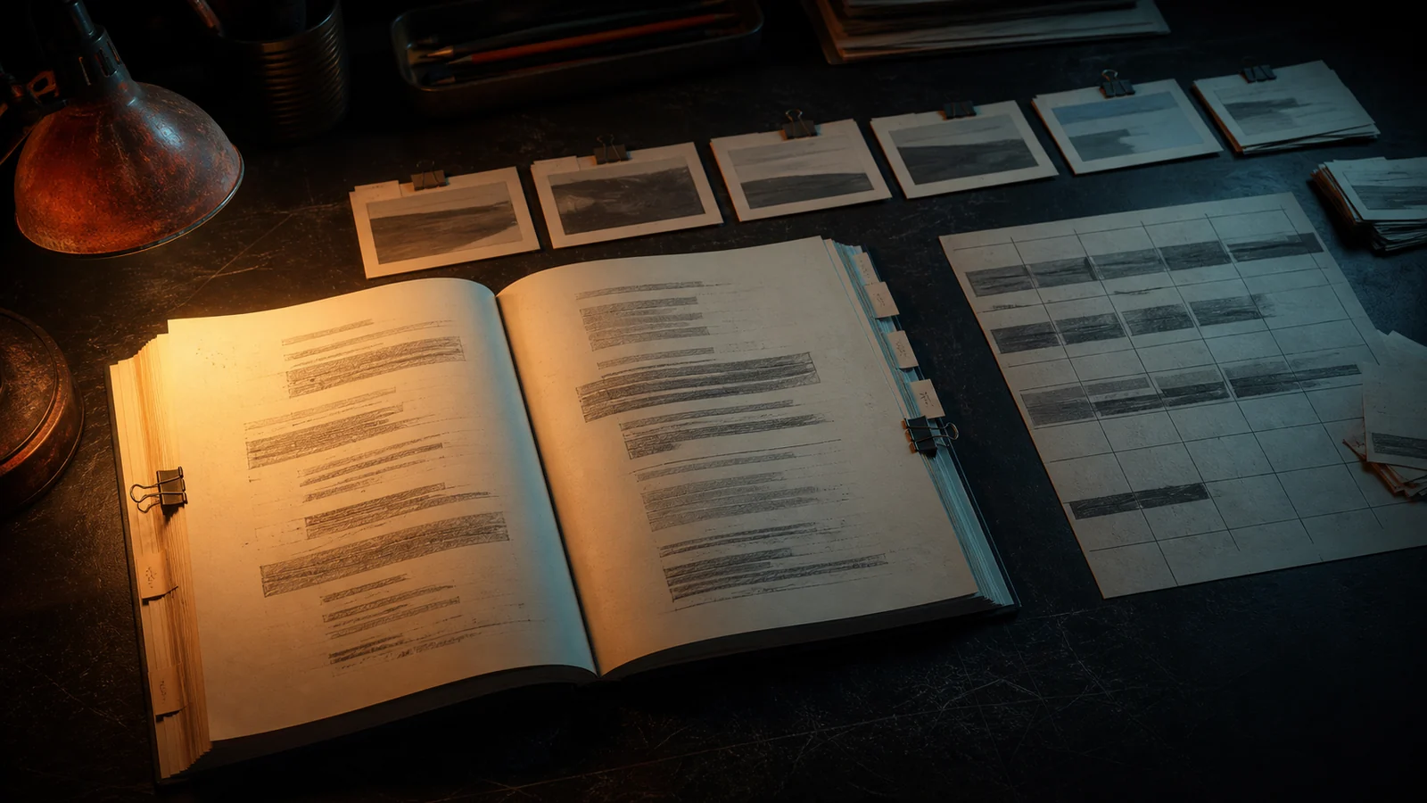 A detailed science-fiction episode script open beside production notes