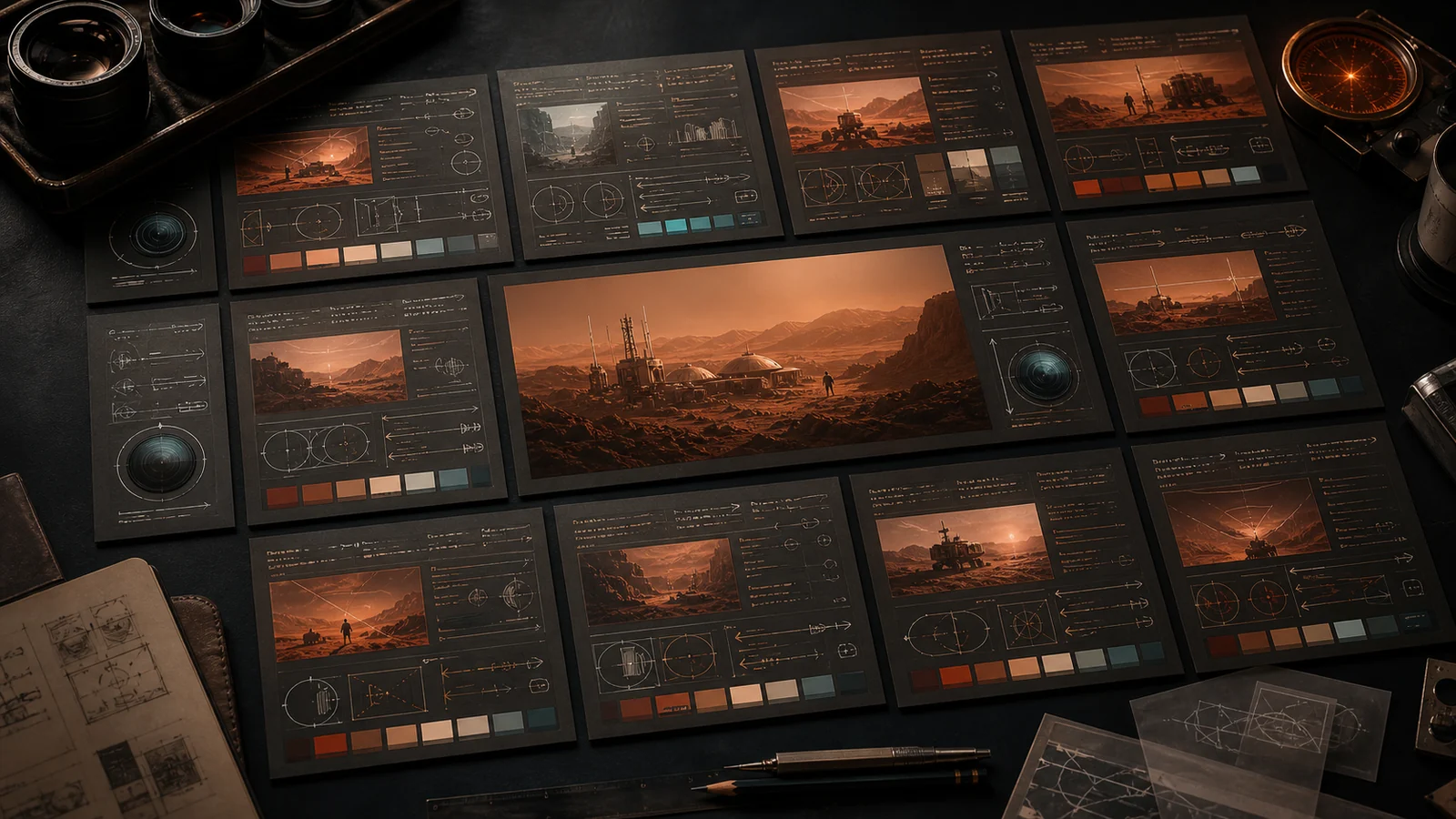 Structured scene descriptions and shot specifications beside a Mars concept frame