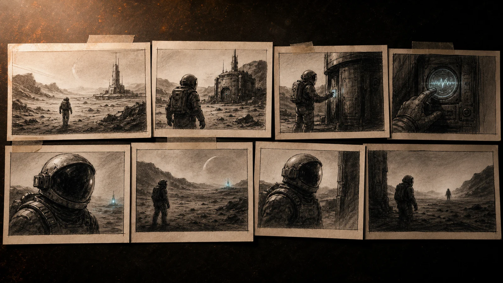 A sequence of cinematic storyboard panels showing Matt on Mars