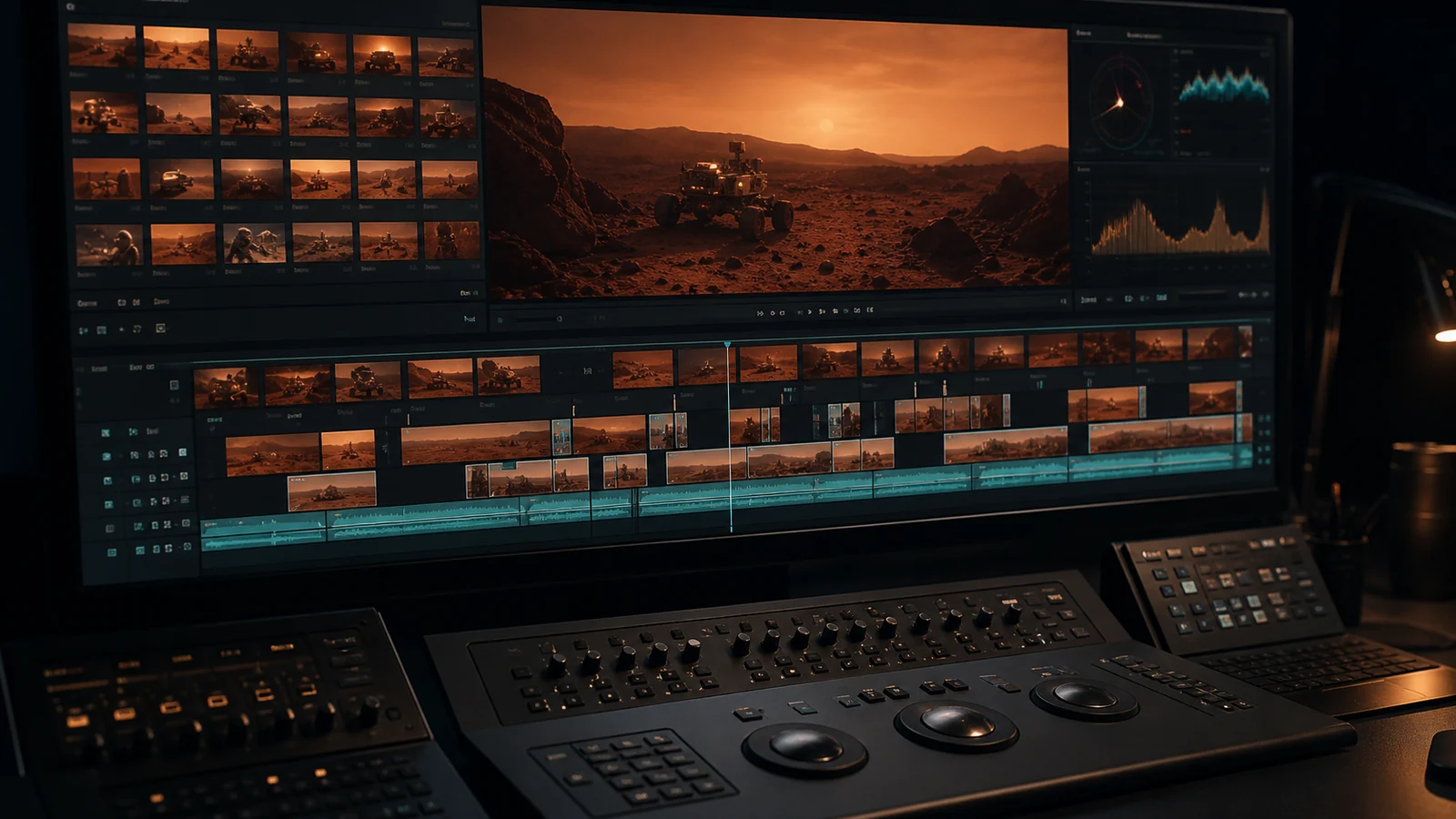 A rough science-fiction episode edit arranged on a DaVinci Resolve timeline