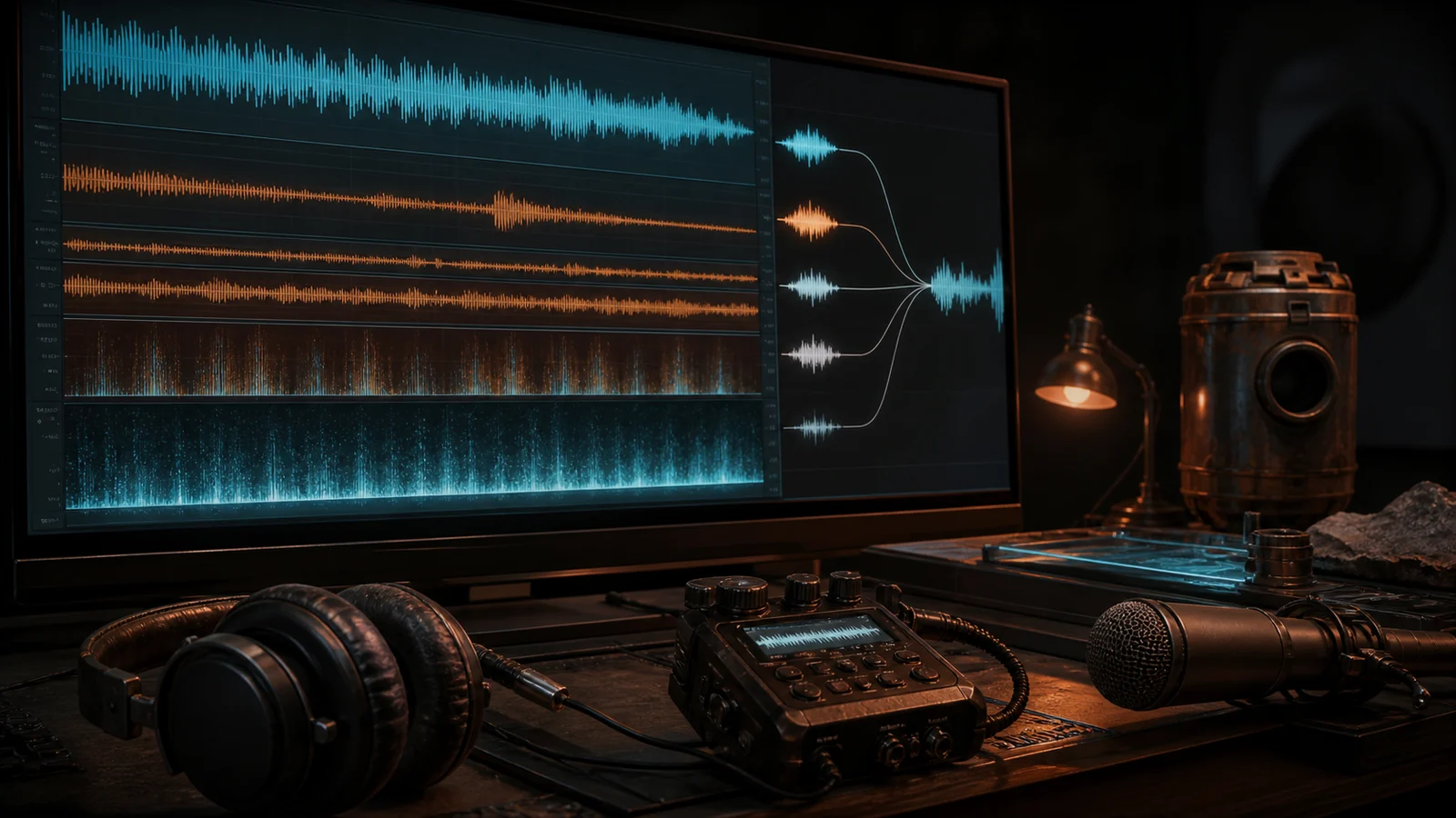 Layered dialogue, music and atmosphere waveforms prepared for an episode