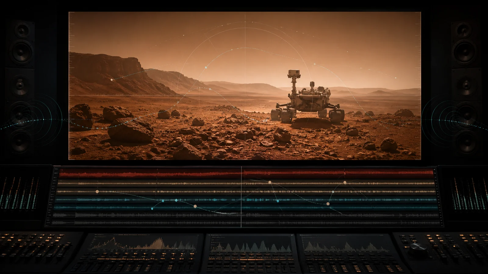 Final sound design and science-fiction infographics being completed in DaVinci Resolve