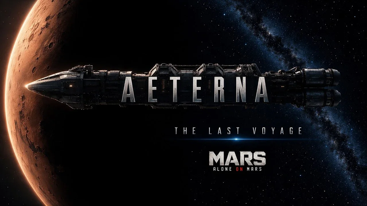Official Episode 33 artwork: the U.N.S. Aeterna stretches across a star field beside a red planet. The image reads “AETERNA — THE LAST VOYAGE” and “MARS — ALONE ON MARS”.