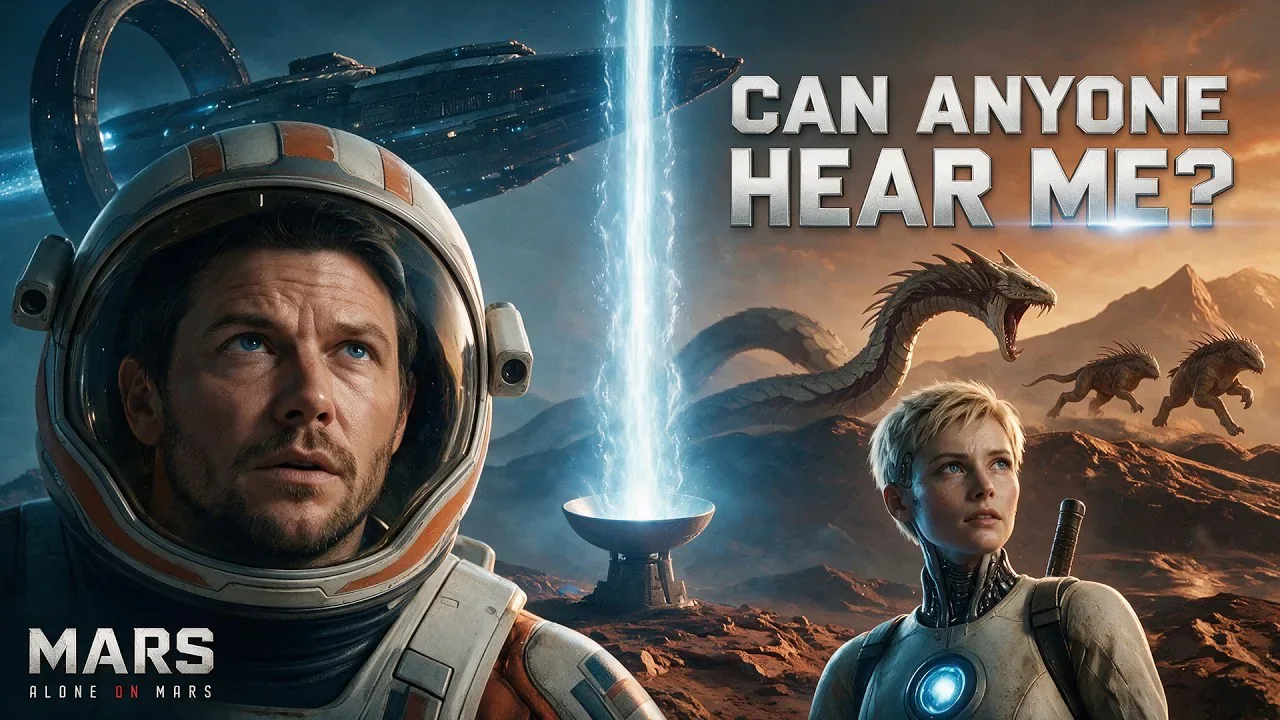 Official Episode 34 artwork: Matt in a spacesuit and Hanna beside a radio dish emitting a blue beam, with a spacecraft and creatures in the background. The text reads CAN ANYONE HEAR ME? and MARS — ALONE ON MARS.