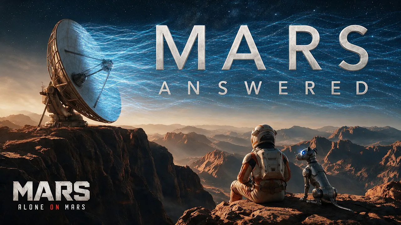 Matt and Pixel sit on a rocky Martian ridge facing a large radio dish and blue signal lines; the official episode artwork reads MARS ANSWERED.