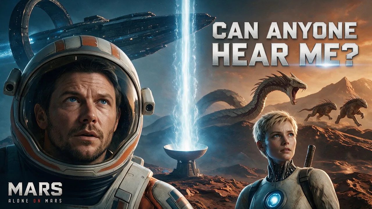 Official Episode 34 artwork: Matt in a spacesuit and Hanna beside a radio dish emitting a blue beam, with a spacecraft and creatures in the background. The text reads CAN ANYONE HEAR ME? and MARS — ALONE ON MARS.
